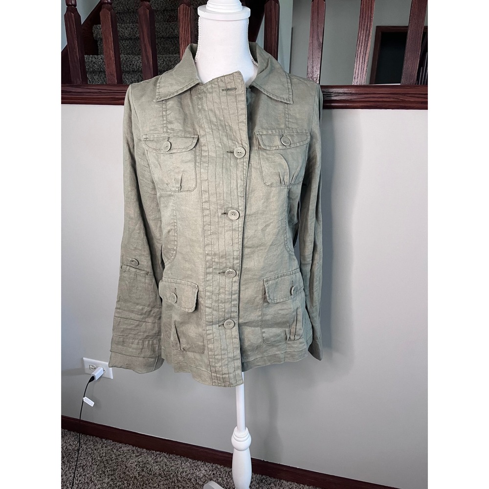 DKNY Jeans Women Olive Green 100% Linen Utility Safari Jacket Size M
